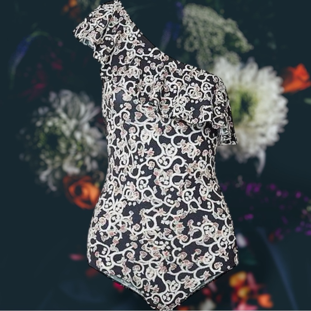 NWT Isabel Marant Etoile ‘Sicilya’ Ruffled Printed One Shoulder Swimsuit Size 40